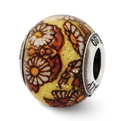 Black Bow Jewelry Yellow Floral Overlay Italian Glitter Glass Sterling Silver Bead Charm