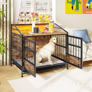 VisioGear Multi-function Dog Crates with Storage and Double Doors, Large Wooden Dog Kennel for Large/Medium Dog Indoor, Brown, 34.65"*24.02"*31.5" - 1 of 4