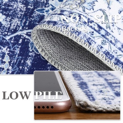 Navy Blue Floral Chenille 9' x 12' Washable Area Rug