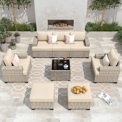 XIZZI All-Weather Rattan Furniture, Sectional Sets w/ Optional Solar Light-Up Coffee Table & Ottoman, Choose 6-9pc Configs in 8 Fade Resistant Colors