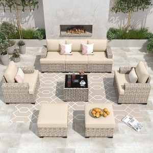XIZZI All-Weather Rattan Furniture, Sectional Sets w/ Optional Solar Light-Up Coffee Table & Ottoman, Choose 6-9pc Configs in 8 Fade Resistant Colors - 1 of 4