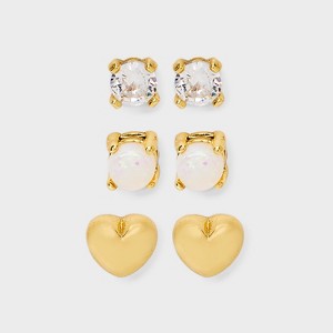 14K Gold Plated Simulated Opal and Heart Stud Flat Back Earring Set 3pc - A New Day™ Gold - 1 of 4