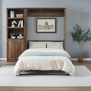 Full Size Half Self-Close and Open Murphy Bed Cabinet with Side Cabinet Bookshelf, Brown - ModernLuxe - 1 of 4