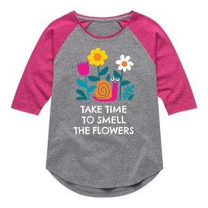 Girls' - Instant Message - Smell The Flowers Snail Shirt Tail Raglan Graphic T-shirt - 1 of 4