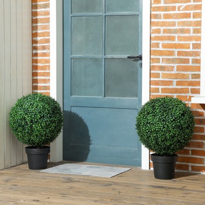 Set of 2 Green Faux Boxwood Topiary Plants in Black Pots