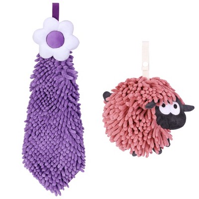 REGALWOVEN Flower and Sheep Shape Absorbent Fast Drying Chenille Hand Towels with Hanging Loop 6" x 15"/7" x 7" 2 Packs