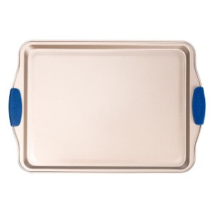 NutriChef 15” Non Stick Cookie Sheet, Large Gold Commercial Grade Restaurant Quality Carbon Steel Bakeware with Blue Silicone Handles - 1 of 4