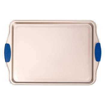 NutriChef 15” Non Stick Cookie Sheet, Large Gold Commercial Grade Restaurant Quality Carbon Steel Bakeware with Blue Silicone Handles