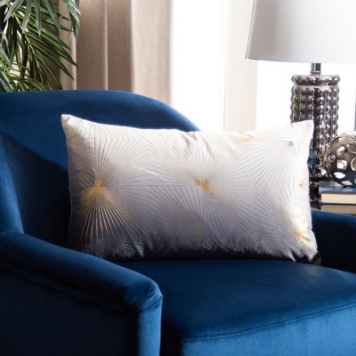 Gray and Gold Geometric Embroidered Rectangular Pillow