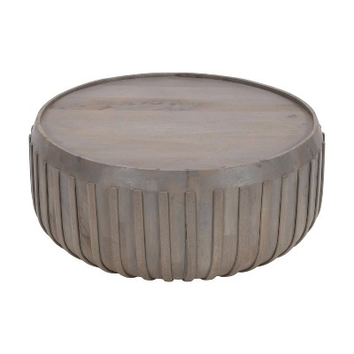 The Urban Port 36" Coffee Table Handcrafted Drum Shape with Ribbed Edges Gray Mango Wood Gray