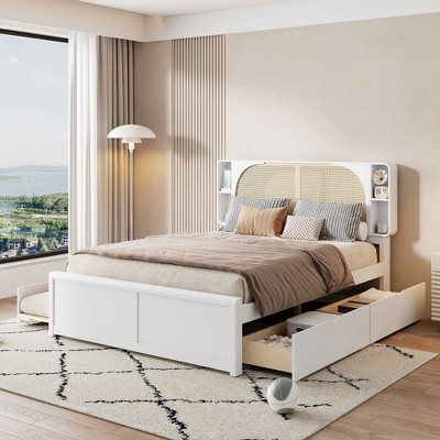 Queen Size Bed Frame with Trundle, Wood Platform Bed with Rattan Headboard & 2 Drawers, Wooden Slats Support, No Box Spring Required