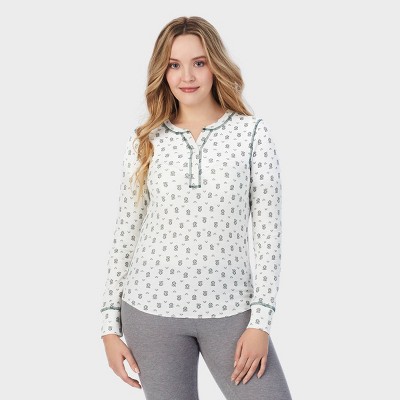 Warm Essentials by Cuddl Duds Women's Waffle Long Sleeve Henley Pajama Top  - Ivory S