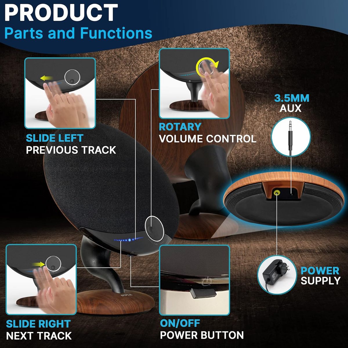 Pyle Wireless BT Streaming Gramophone Speaker with Built-In Subwoofer - Oak Finish - thumbnail 2