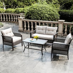 Heynemo 4 Pieces Patio Furniture Set, Outdoor Rattan Chair Wicker Conversation Sets with Cushions and Glass Coffee Table - 1 of 4