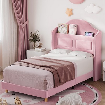 Whizmax Twin Upholstered Bed Frame - Velvet Platform with Wingback Headboard & Lights, Wood Slats, No Box Spring