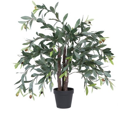 30-Inch Green Faux Olive Tree in Black Plastic Pot