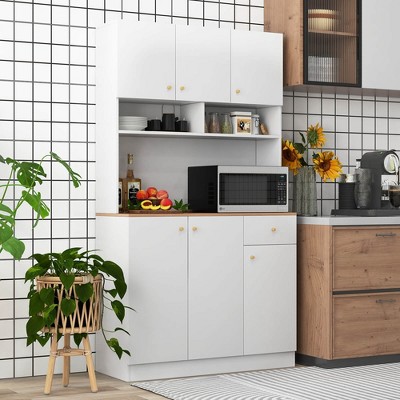 White MDF Tall Pantry Cabinet with USB Ports and Adjustable Shelves