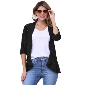 INSPIRE CHIC Women's 3/4 Sleeve Dressy Neck Ruffle Open Front Casual Eyelet Cardigans - 1 of 4