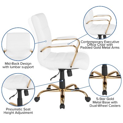 Luxurious Mid-Back White LeatherSoft Swivel Executive Chair with Gold Metal Frame
