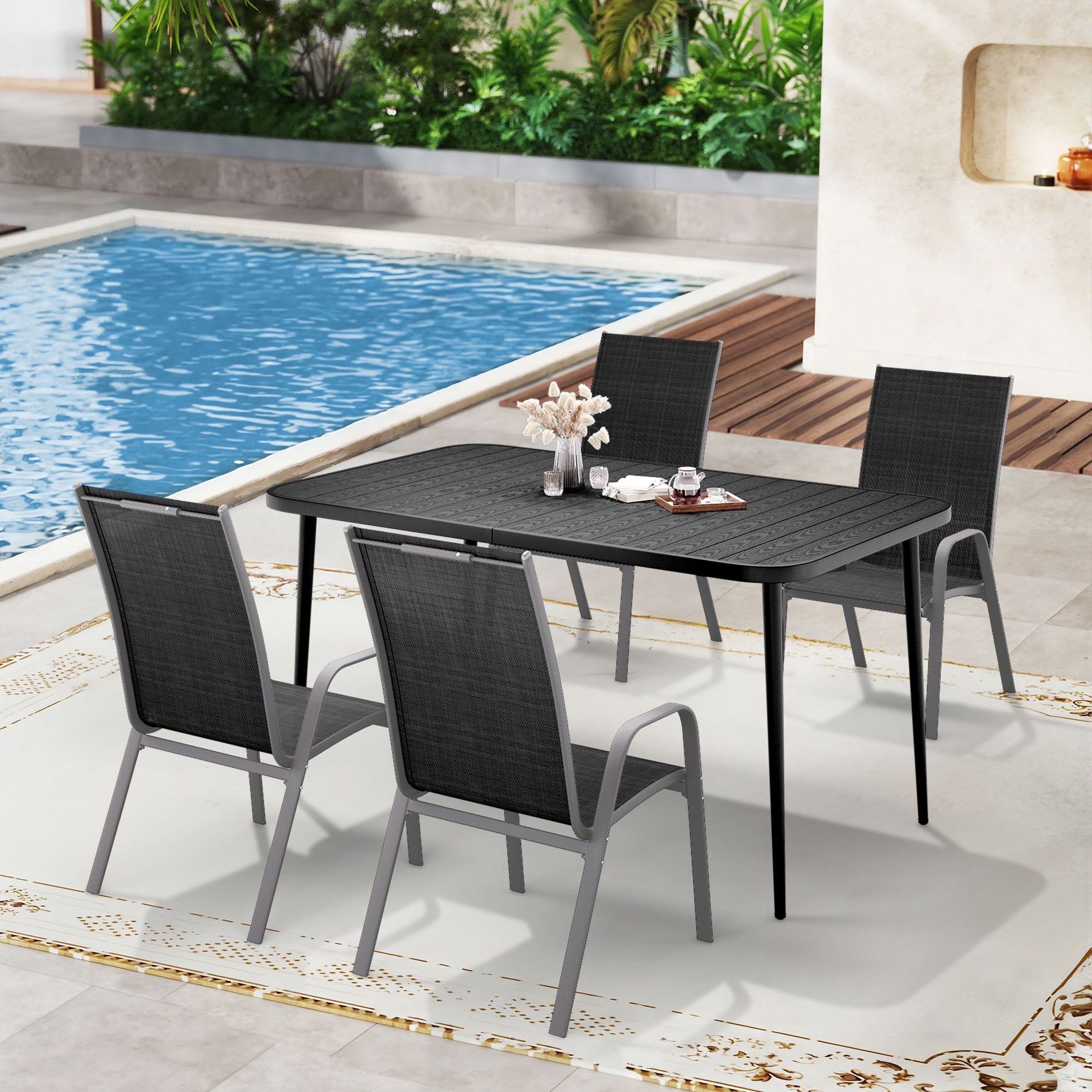 Hyleory Elegant 5-Piece Outdoor Dining Set with Stackable Patio Chairs & Iron Dining Table