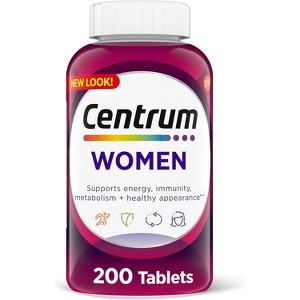 Centrum Women’s Multivitamin Tablets, with Iron, Vitamin D3, B Vitamins, Antioxidant Vitamins C & E – 200 Count, Gluten Free, Non-GMO - 1 of 4