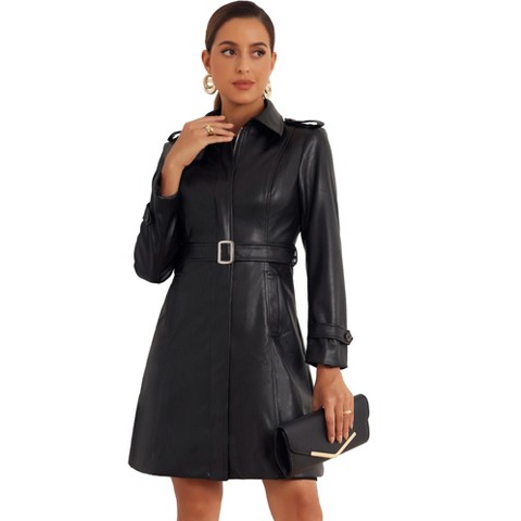 Женские куртки INSPIRE CHIC Lapel Slim Fit Long Sleeve Zip Faux Leather Jacket Coat Large Black