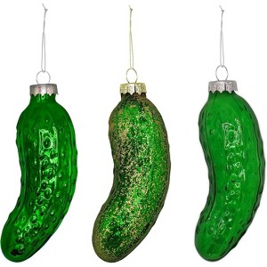4E's Novelty 3 Pack Blown Glass Pickle Ornament for Christmas Tree - 4” Christmas Pickle for Traditional German Christmas Pickle Ornament Game & Decor - 1 of 4