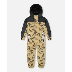 Deux par Deux Boy Printed Mid-Season One-Piece Outerwear Black Dinosaur on Beige Background - 1 of 4