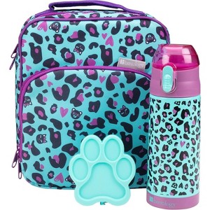 Bentology Kids Lunch Bag Set w Reusable Water Bottle & Hard Ice Pack- Blue Purple Cheetah Cat- Insulated Tote, Stainless Steel Insulated Thermos - 1 of 4