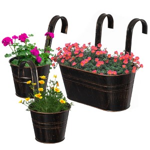 Gardenised Set of 3 Metal Hanging Railing Planters with Detachable Hooks Decorative Outdoor Set for Balcony Patio Deck or Fence - 1 of 4