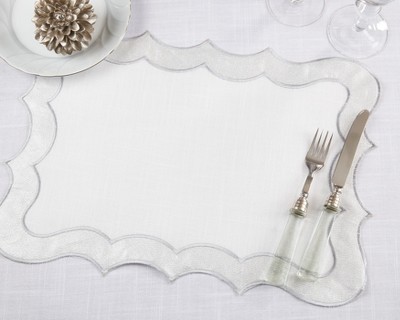 Elegant Silver Scallop Edge Fabric Placemats, 14 x 20 in, Set of 4