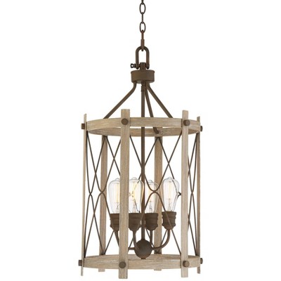 Franklin Iron Works Rusted Bronze Faux Wood Foyer Pendant Chandelier 16 1/2" Wide Rustic Farmhouse Open Cage 4-Light Dining Room