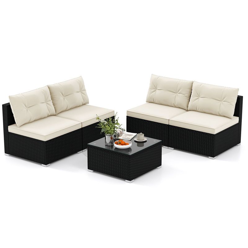 Costway 5 Pieces Outdoor Furniture Set with Seat & Back Cushions Tempered Glass Tabletop, 2 of 11