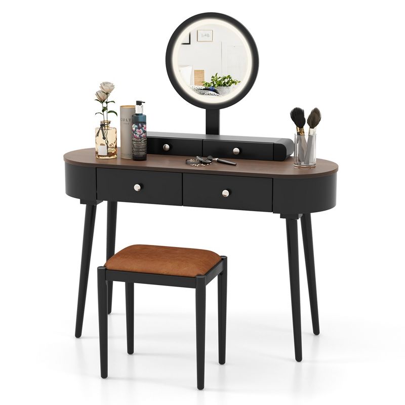 Costway Solid Wood Makeup Vanity Desk Set with LED Lighted Mirror Drawers Cushioned Stool White + Brown/Black + Brown/White + Black/White + Natural, 2 of 11