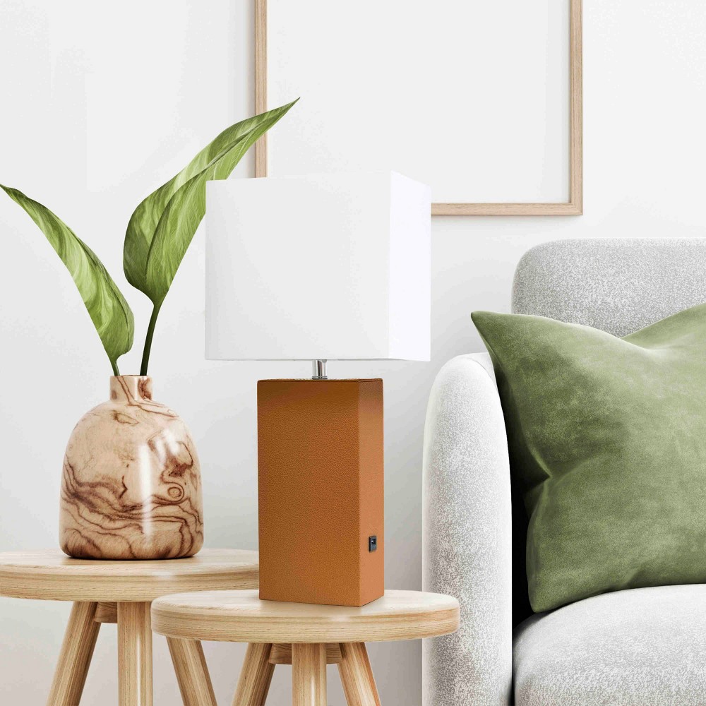 Lalia Home Lexington 21" Leather Base Modern Table Lamp with USB Charging Port and Feit LED (Includes LED Light Bulb) Tan