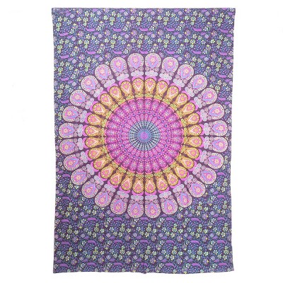 HomeRoots 80" X 56" Purple Pink And Yellow Mandala Cotton Hanging Tapestry