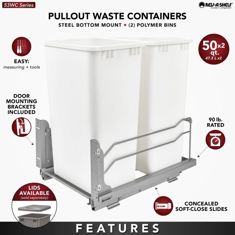 Rev-A-Shelf Double Pull-Out Trash Can for Full Height Kitchen Cabinets 50 Quart 12.5 Gallon with Soft-Close Slides, 53WC-2150SCDM-217, 3 of 6