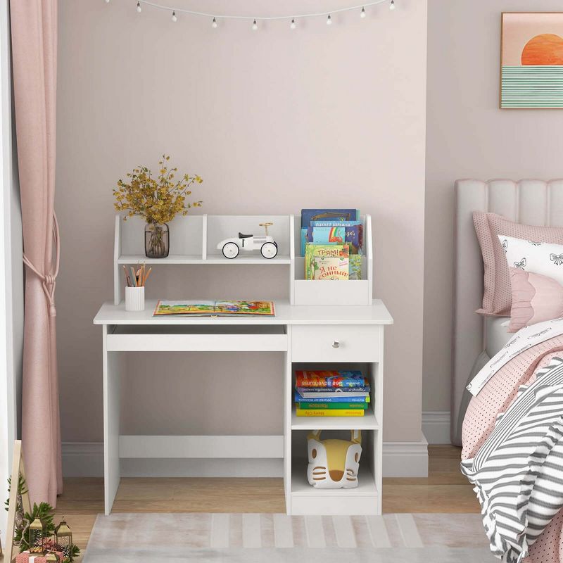 Costway Kids Study Desk Children Writing Table with Hutch Drawer Shelves & Keyboard Tray, 4 of 11
