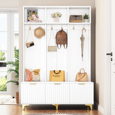 3-In-1 Particle Board Modern Hall Tree Entryway With Bench,Coat Rack With 6 Gold Hooks And Shoe Storage,For Hallways,Living Room-Cuddlewood