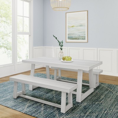 Plank+Beam Solid Wood Farmhouse Dining Table Set with 2 Benches for 6