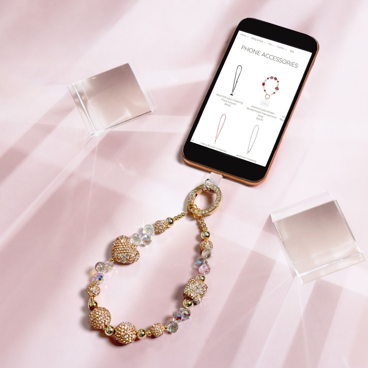 Pavilion Gift Company - Champagne Crystal Wristlet - Beaded Hands-Free Gold Wrist Strap - Cell Phone Accessories - thumbnail 2