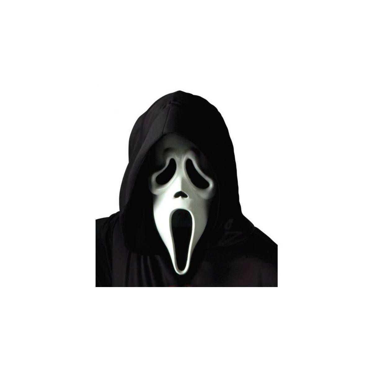 A black and white Ghostface mask