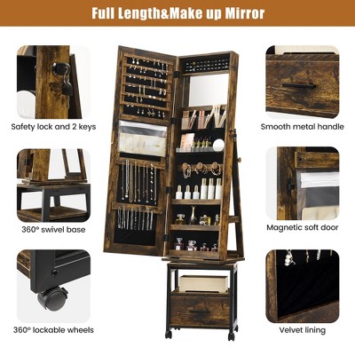 Swivel Jewelry Cabinet, Lockable Standing Jewelry Organizer With Full-Length Mirror, Rear Storage Shelves, Interior Mirror, Jewelry