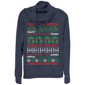 Juniors Womens Star Wars Ugly Christmas Boba Fett Cowl Neck Sweatshirt - 1 of 3