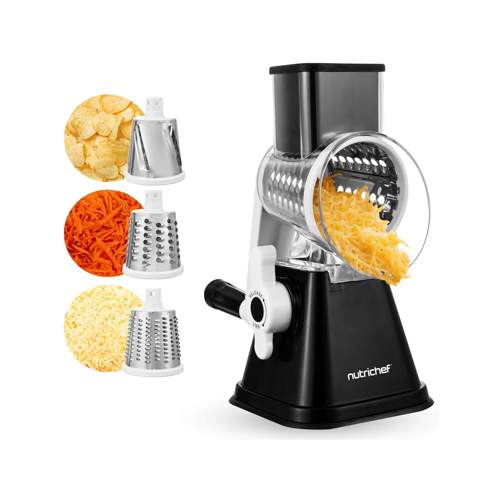 NutriChef Rotary Cheese Grater with Handle & 3 Replaceable Drum Blades - Black