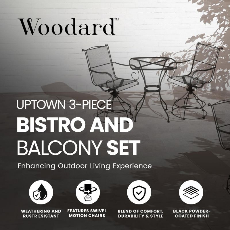 Woodard Uptown 3 Piece Steel Bistro and Balcony Set with Swivel Motion Chairs, Table, 250 Pound Weight Capacity, and Powder Coated Finish, Black, 2 of 7