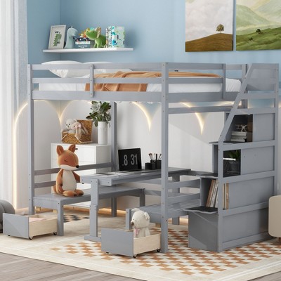 Full Over Full Bunk Bed With Two Drawers And Storage Stairs, Gray ...