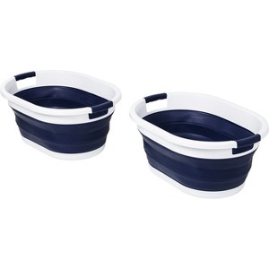 Honey-Can-Do Set of 2 Collapsible Hampers Navy Blue/White: Adjustable Laundry Baskets with Carrying Bag, 2 Handles - 1 of 4