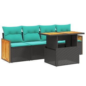 vidaXL 5 Piece Patio Sofa Set with Cushions Black Poly Rattan - Black without storage - 1 of 4