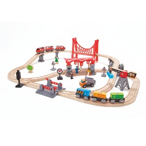 Hape Wooden Train Set Busy City Rail- 51 Pieces - Kids Pretend Play Railway Set - 1 of 4